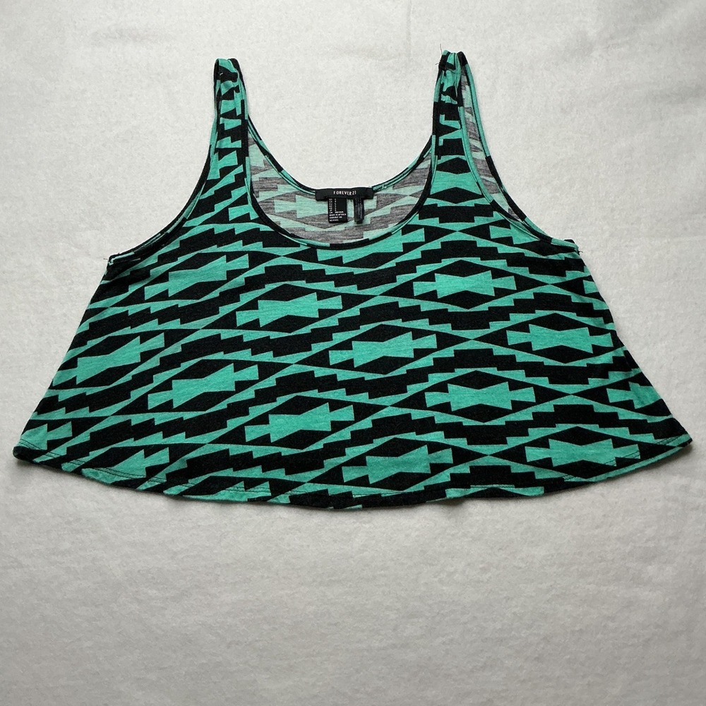 Forever 21 Womens Small Green Black Geometric Aztec Print Crop Tank Top